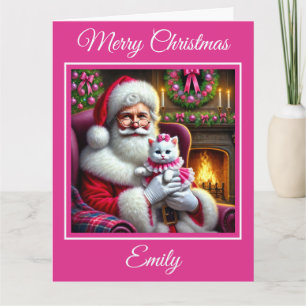 Santa och White Kitten med Rosa Bow Kort