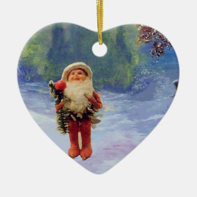 SANTA OF THE GNOMES WITH RED RUBY HEART JULGRANSPRYDNAD KERAMIK (Framsidan)