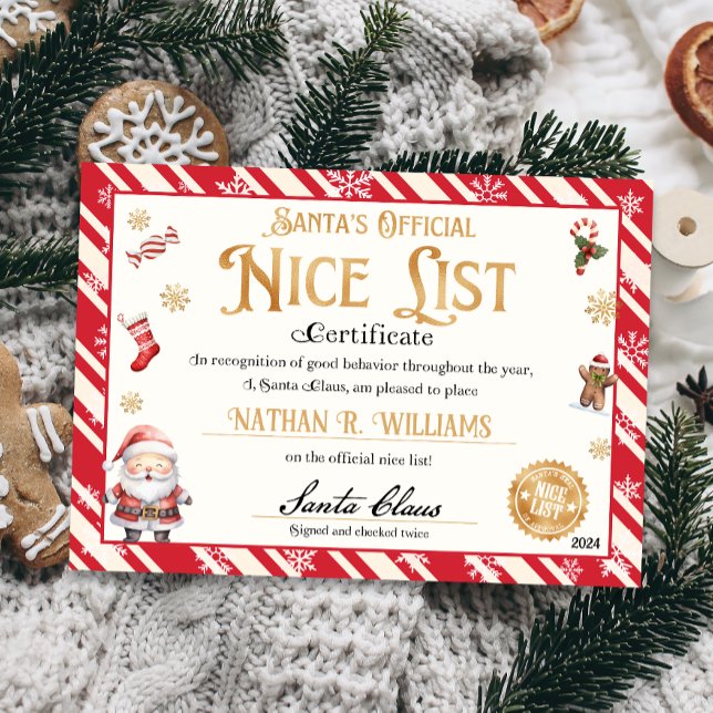 Santa Officiell Nice-listcertifikat Inbjudningar (Official Nice List Certificate Santa Claus North Pole letter instant download printable)