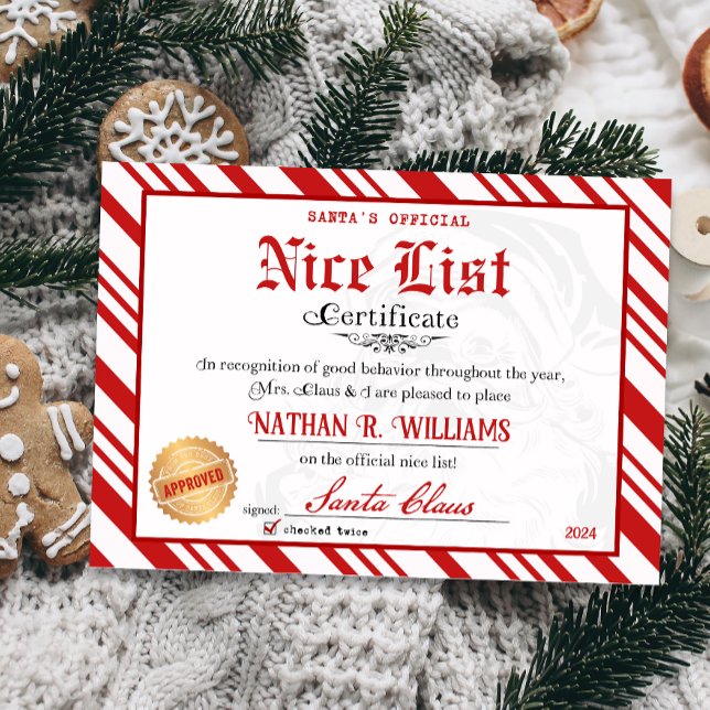 Santa Officiell Nice-listcertifikat Inbjudningar (Official Nice List Certificate Santa Claus North Pole letter instant download printable)