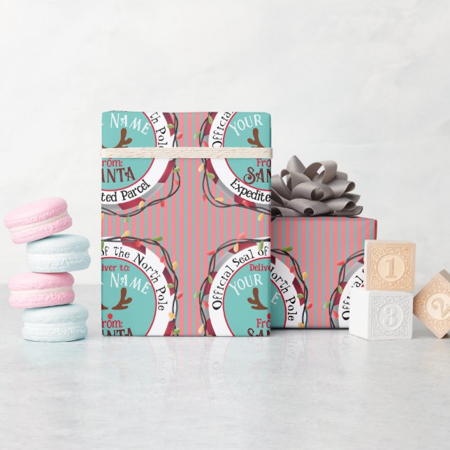 Santa Officiell Seal Rudolph på Blue & Red Rand Presentpapper (Baby Shower)