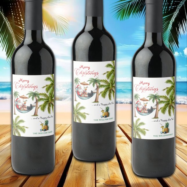 Santa on a Tropical Island Christmas Vinflaska Etikett (Skapare uppladdad)