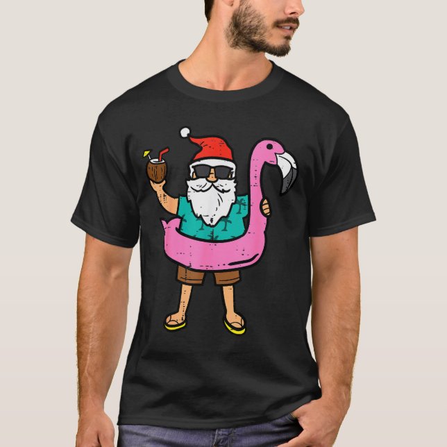 Santa On Flamingo Floatie Cute Christmas In July X T Shirt (Framsida)