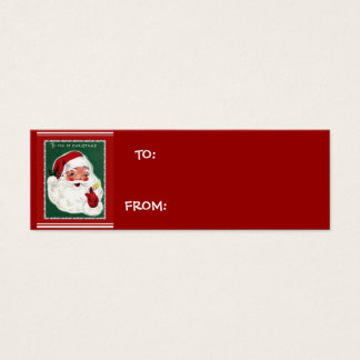 Santa on green background with red gift tags litet visitkort