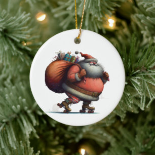 Santa on Roller Skates with Gifts Customized Julgransprydnad Keramik