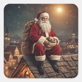 Santa on Rooftop Fyrkantigt Klistermärke