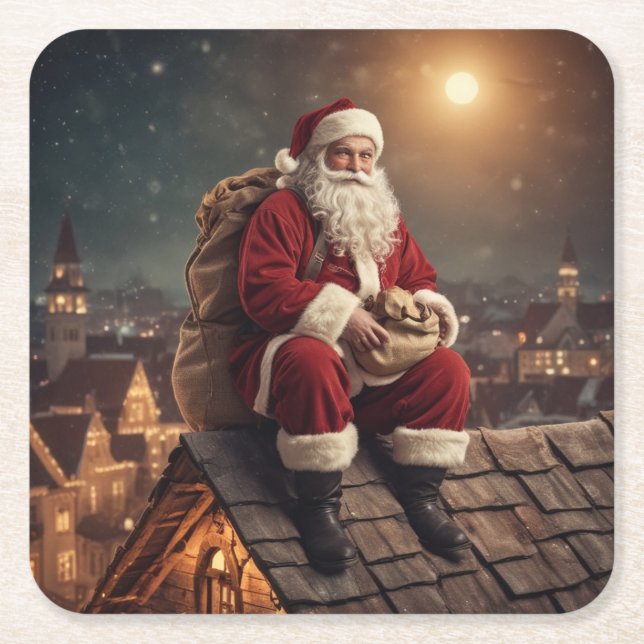 Santa on Rooftop Underlägg Papper Kvadrat (Framsidan)