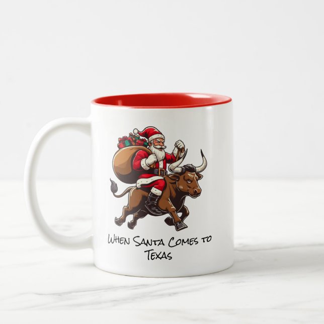 Santa on Texas Longhorn Bull Deliving Gifts Mugg (Vänster)
