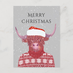 Santa Orange Highland Cow God jul Vykort