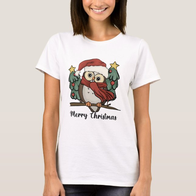 Santa Owl Christmas T Shirt (Framsida)