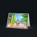 SANTA PÅ BEACH HELGKORT<br><div class="desc">Den här designen gjordes för att se ut som en vattenfärgsmålning. Tomten är på stranden och dricker en fin coola:)</div>