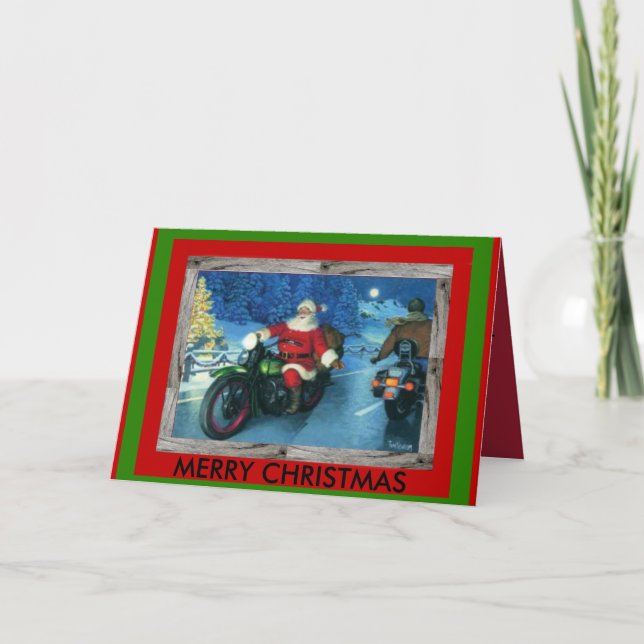 Santa på en motorcykeljulkort helgkort (Framsida)