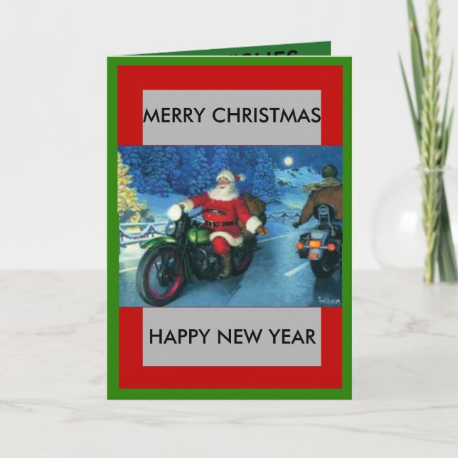 Santa på en motorcykeljulkort helgkort (Framsida)