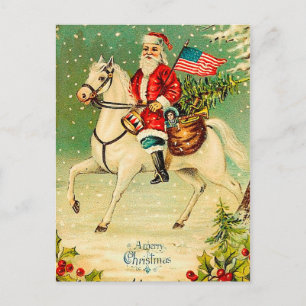 Santa på en vykort för hästvintagejul
