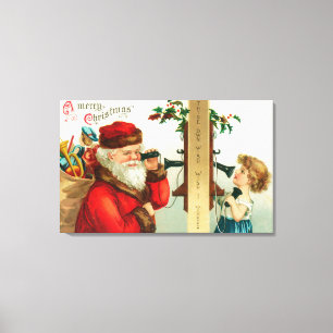 Santa på telefonen med liten flicka canvastryck