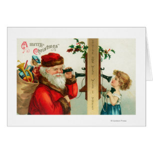 Santa på telefonen med liten flicka hälsningskort