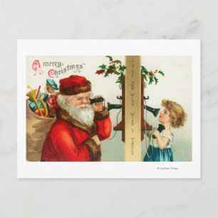 Santa på telefonen med liten flicka helg vykort