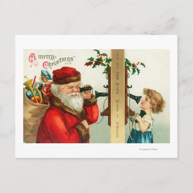 Santa på telefonen med liten flicka helg vykort (Framsida)