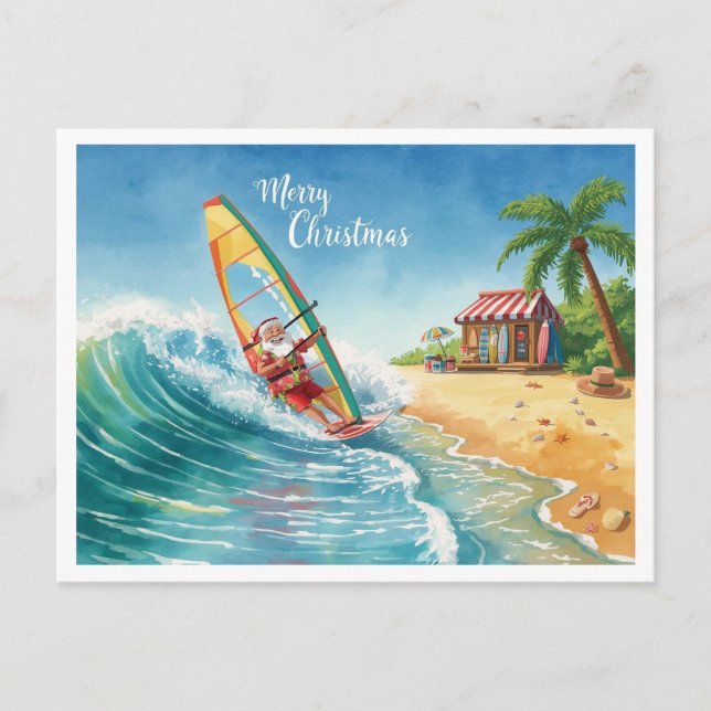 Santa på vindsurfing strand julkort helg vykort (Framsida)