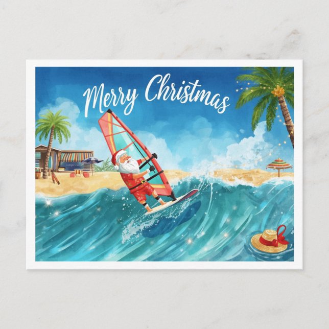Santa på vindsurfing strand julkort helg vykort (Framsida)