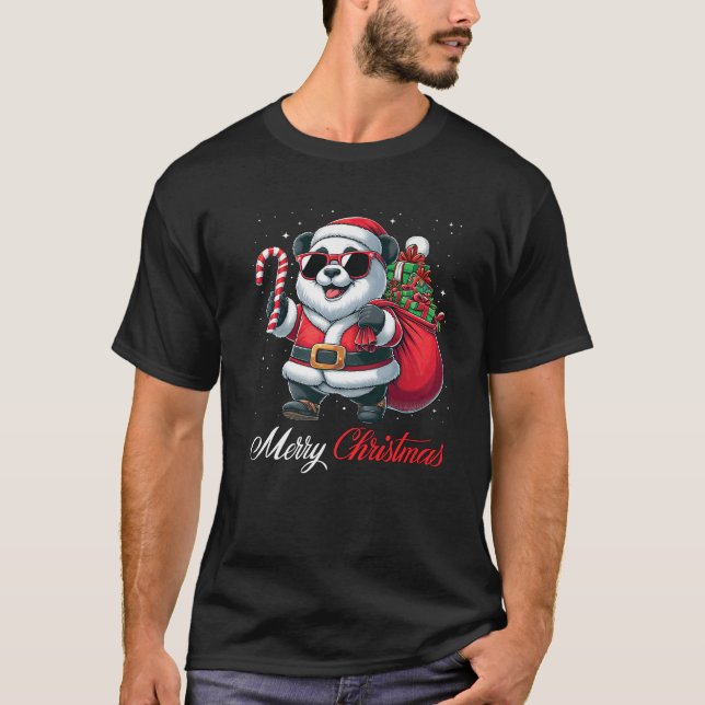 Santa Panda Sunglasses Candy Cane Merry Christmas  T Shirt (Framsida)