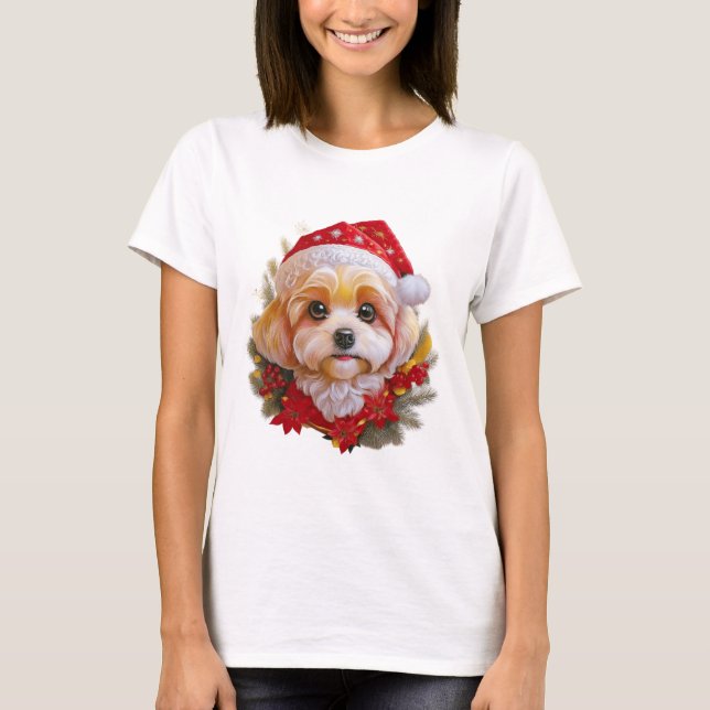 Santa Paws Delight" – Holiday Pup in Red Hat T Shirt (Framsida)