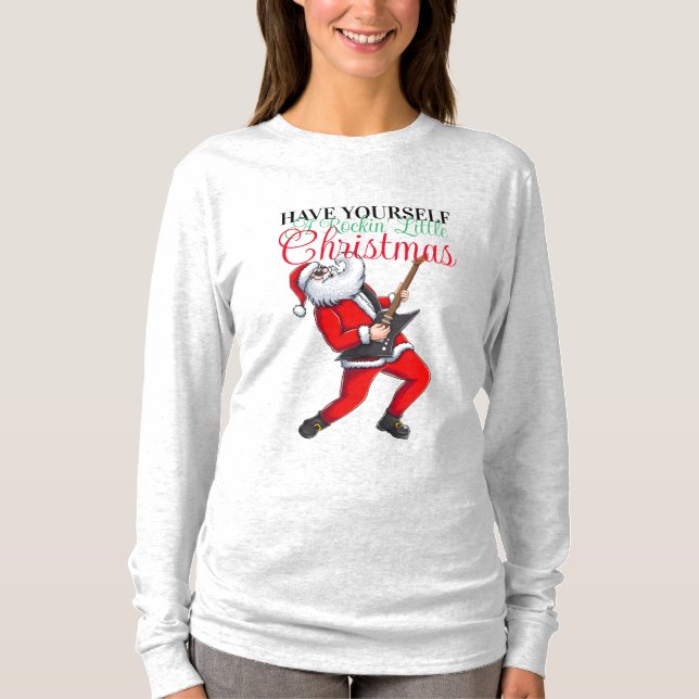 Santa Pay Guitar Funny Juldag Långärmad T Shirt (Framsida)