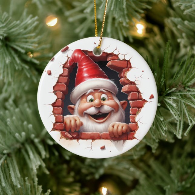 Santa Peeking through Brick Wall - 3D Julgransprydnad Keramik (Träd)