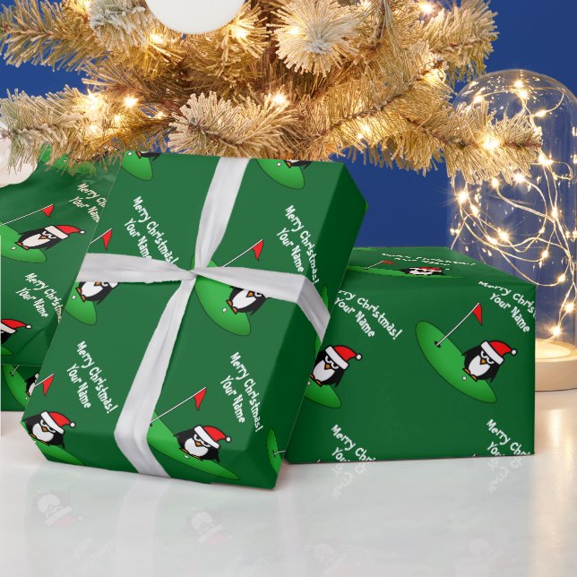 Santa penguin cartoon on golf course fun Christmas Presentpapper (Helgdagar)
