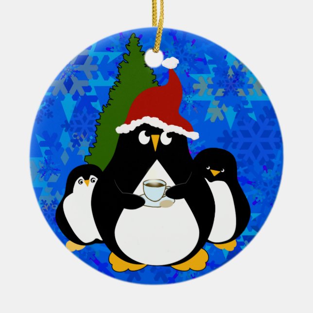 Santa Penguin och Little Penguins Julgransprydnad Keramik (Framsidan)