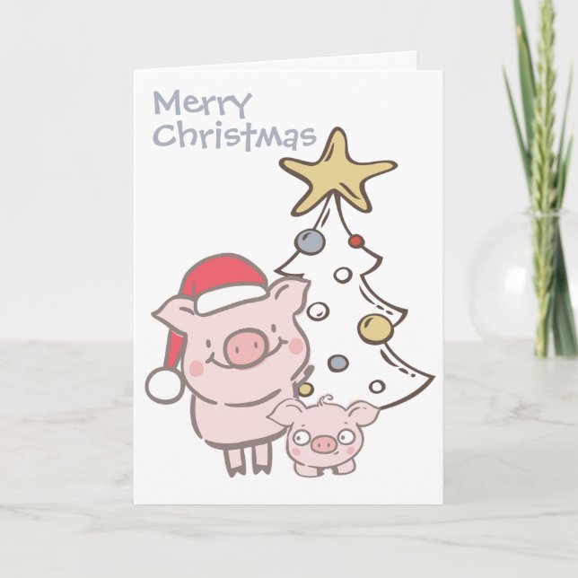 Santa Piggy och Baby Pig Julgran Helgkort (Framsida)