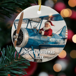 Santa Pilot Flies Airplan Ljuny Photo Jul Julgransprydnad Keramik