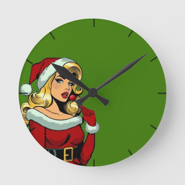 Santa Pinup: Pop Art Glam Rund Klocka (Framsida)
