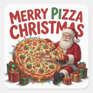Santa Pizza Jul Högtid Middag Firande Fyrkantigt Klistermärke