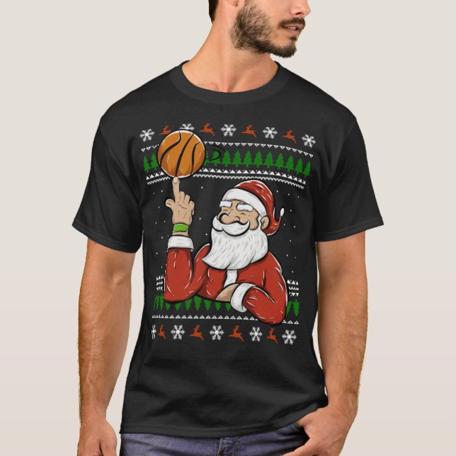 Santa Play Basketball jul, ugly coola baske T Shirt (Framsida)