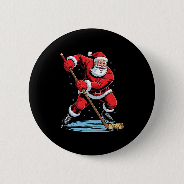 Santa Playing Hockey Funny Holiday Christmas Xmas  Knapp (Framsida)