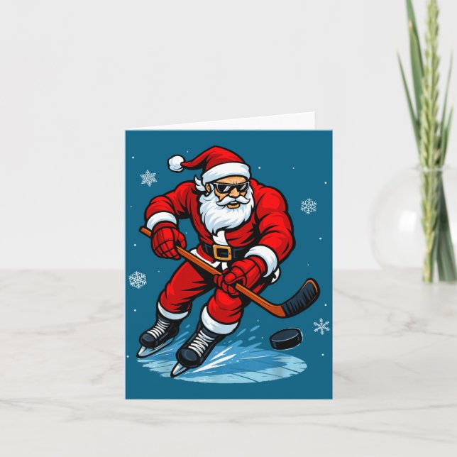 Santa Playing Ice Hockey Xmas Funny Christmas Hock Kort (Framsida)