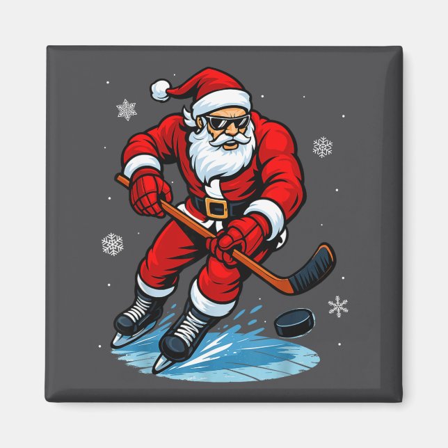 Santa Playing Ice Hockey Xmas Funny Christmas Hock Magnet (Framsidan)
