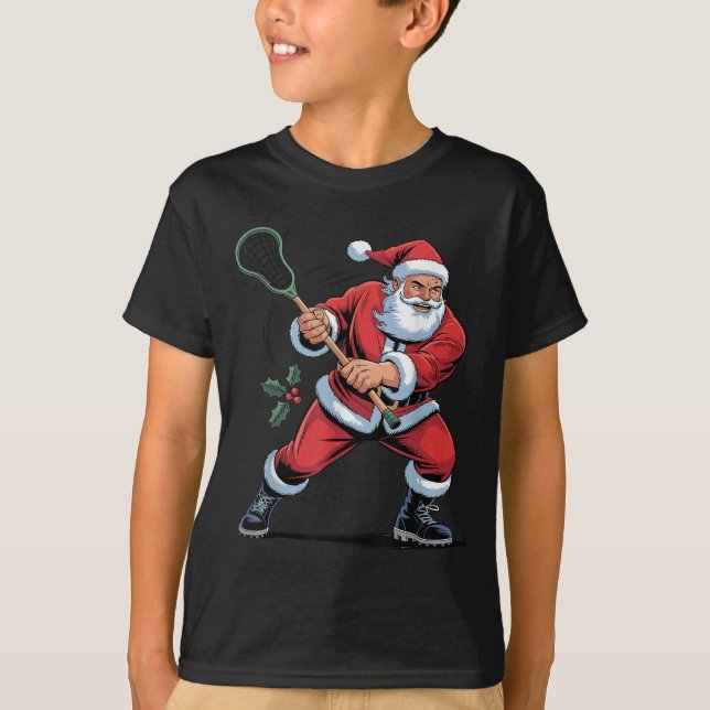 Santa Playing Lacrosse Funny Holiday Christmas Xma T Shirt (Framsida)