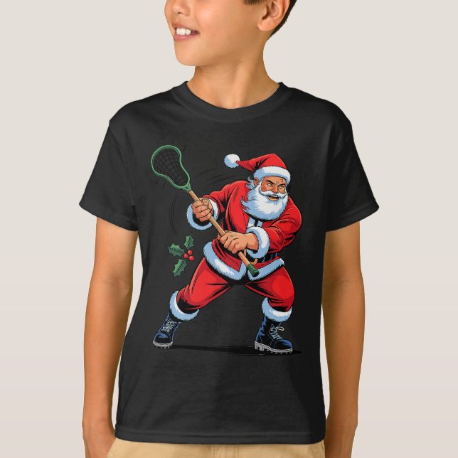 Santa Playing Lacrosse Funny Holiday Christmas Xma T Shirt (Framsida)