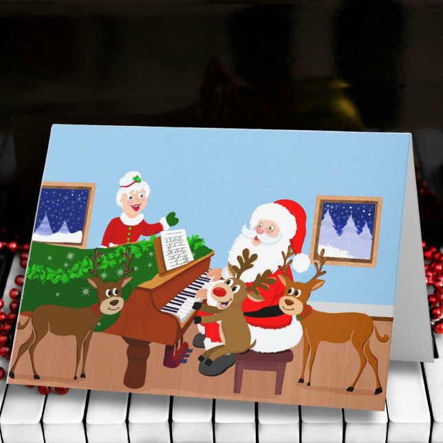 Santa Playing Piano with Reindeer Blank  Kort (Skapare uppladdad)
