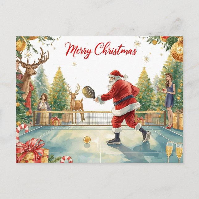 Santa Playing Pickleball at a Christmas Party Helg Vykort (Framsida)