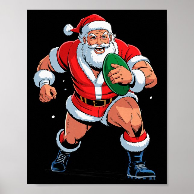 Santa Playing Rugby Funny Holiday Christmas Xmas P Poster (Framsidan)