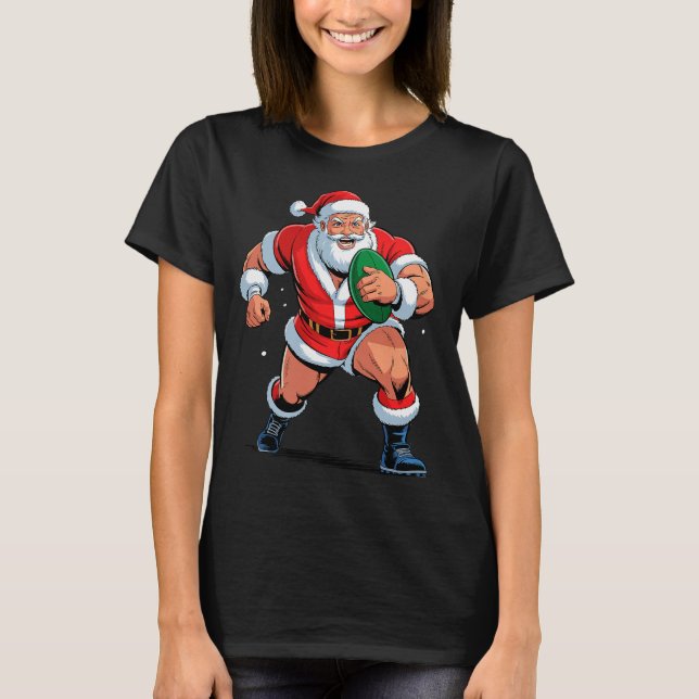 Santa Playing Rugby Funny Holiday Christmas Xmas P T Shirt (Framsida)