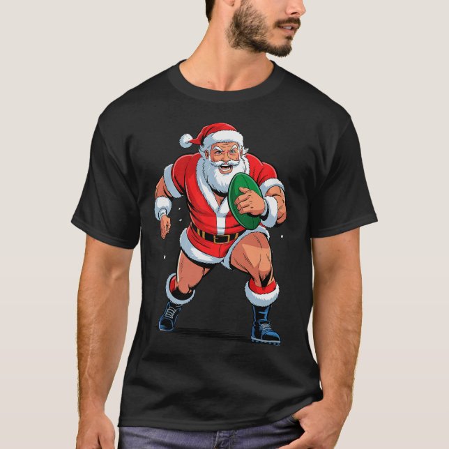 Santa Playing Rugby Funny Holiday Christmas Xmas P T Shirt (Framsida)