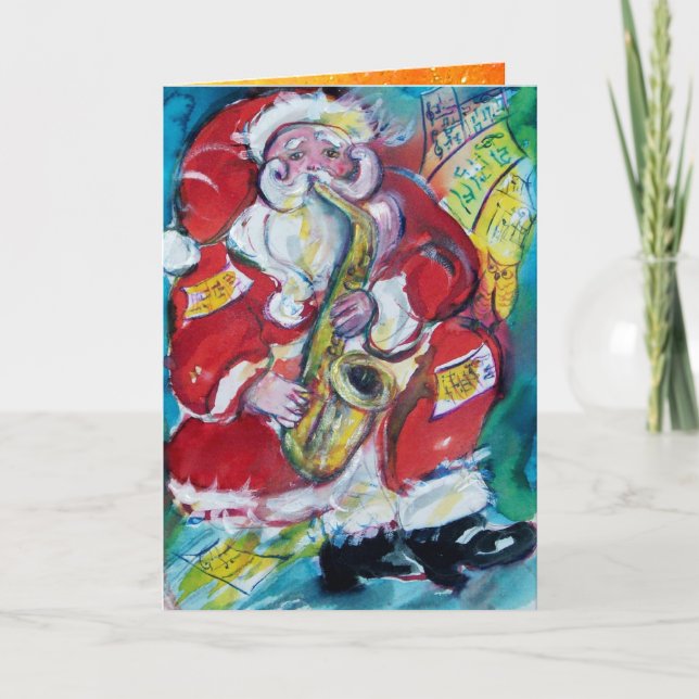 SANTA PLAYING SAX, MUSICAL CHRISTMAS Guld Blommigt Helgkort (Framsida)