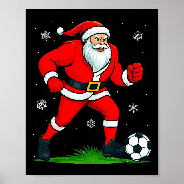 Santa Playing Soccer Xmas Funny Christmas Soccer S Poster (Framsidan)