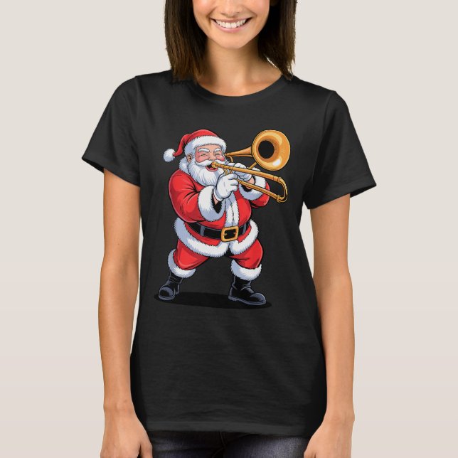 Santa Playing Trombone Funny Holiday Chrismas Xmas T Shirt (Framsida)