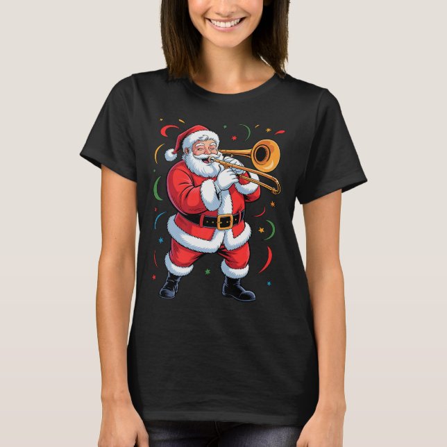 Santa Playing Trombone Funny Holiday Christmas Xma T Shirt (Framsida)
