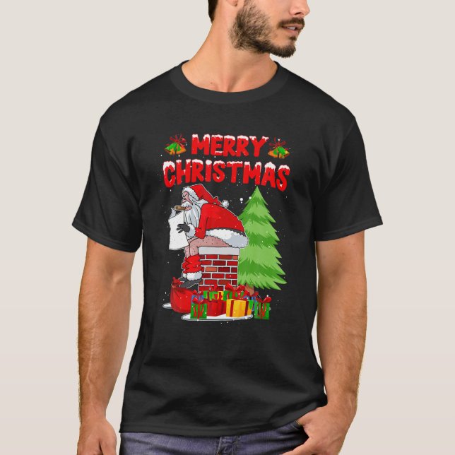 Santa Pooping Down Den Skorsten ugga julpaja T Shirt (Framsida)